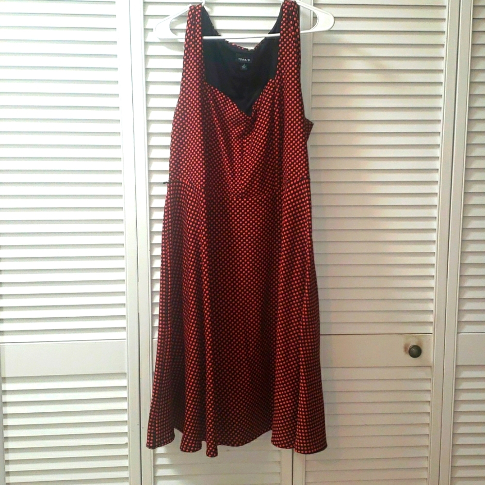 Black and coral polka dot dress
